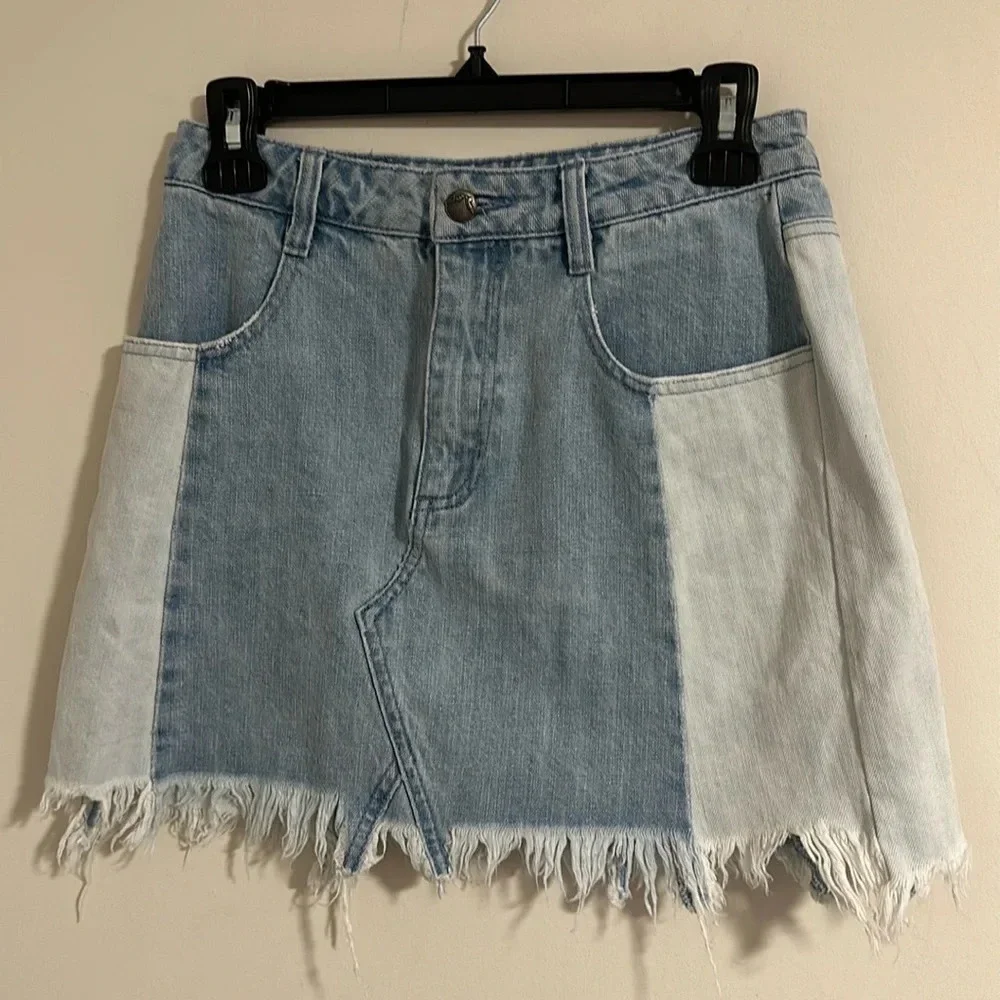 Free People blue wash mini skirt in patch colorblock